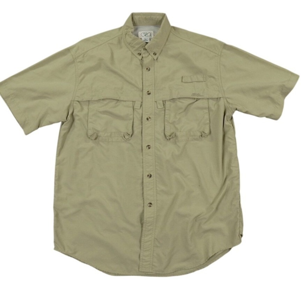 VTG LL Bean Fly Fishing Shirt Men Medium Tan Short Sleeve Utility Gorpcore